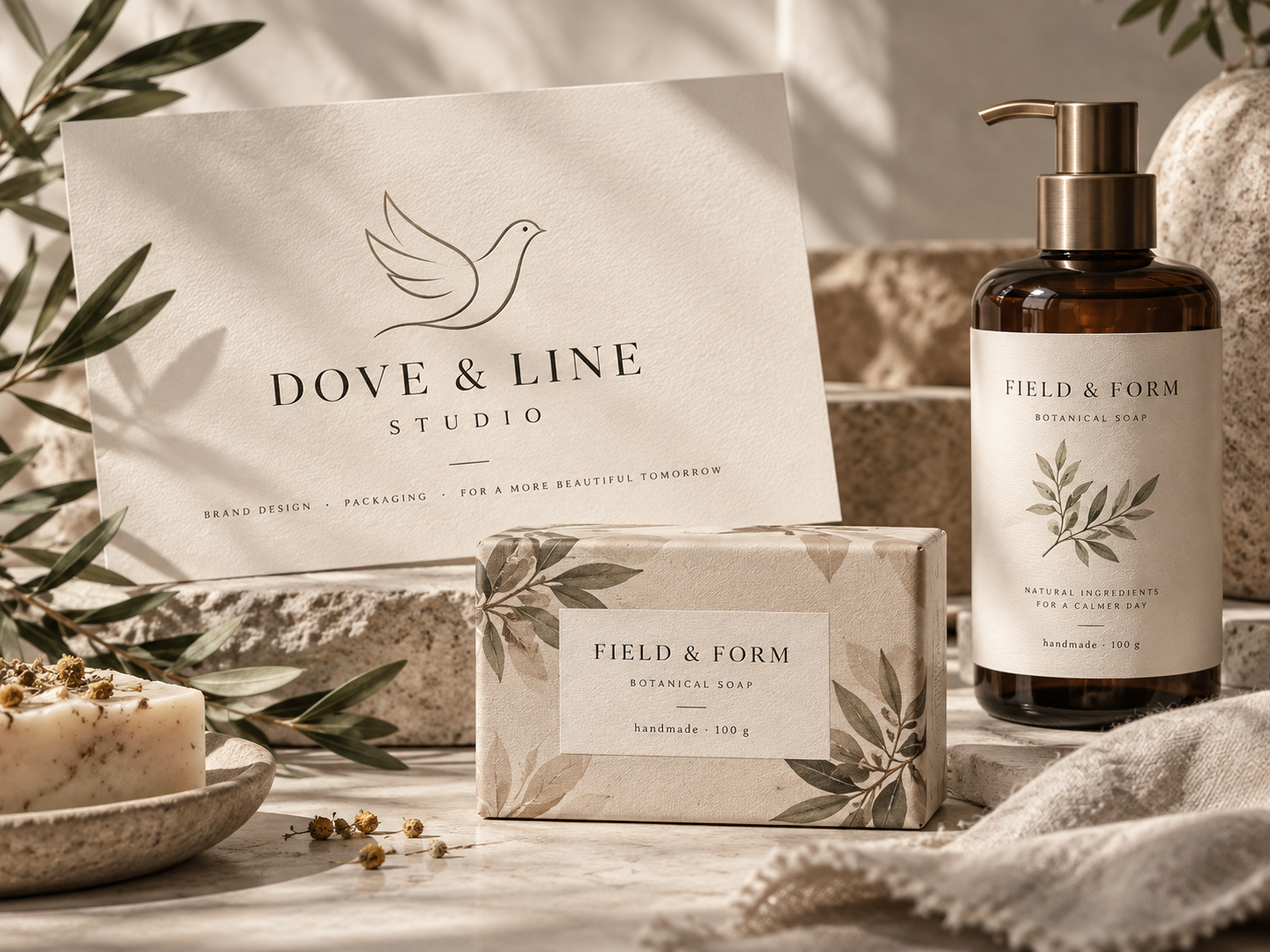 Example of custom logo design and coordinated label design for Dove & Line Studio